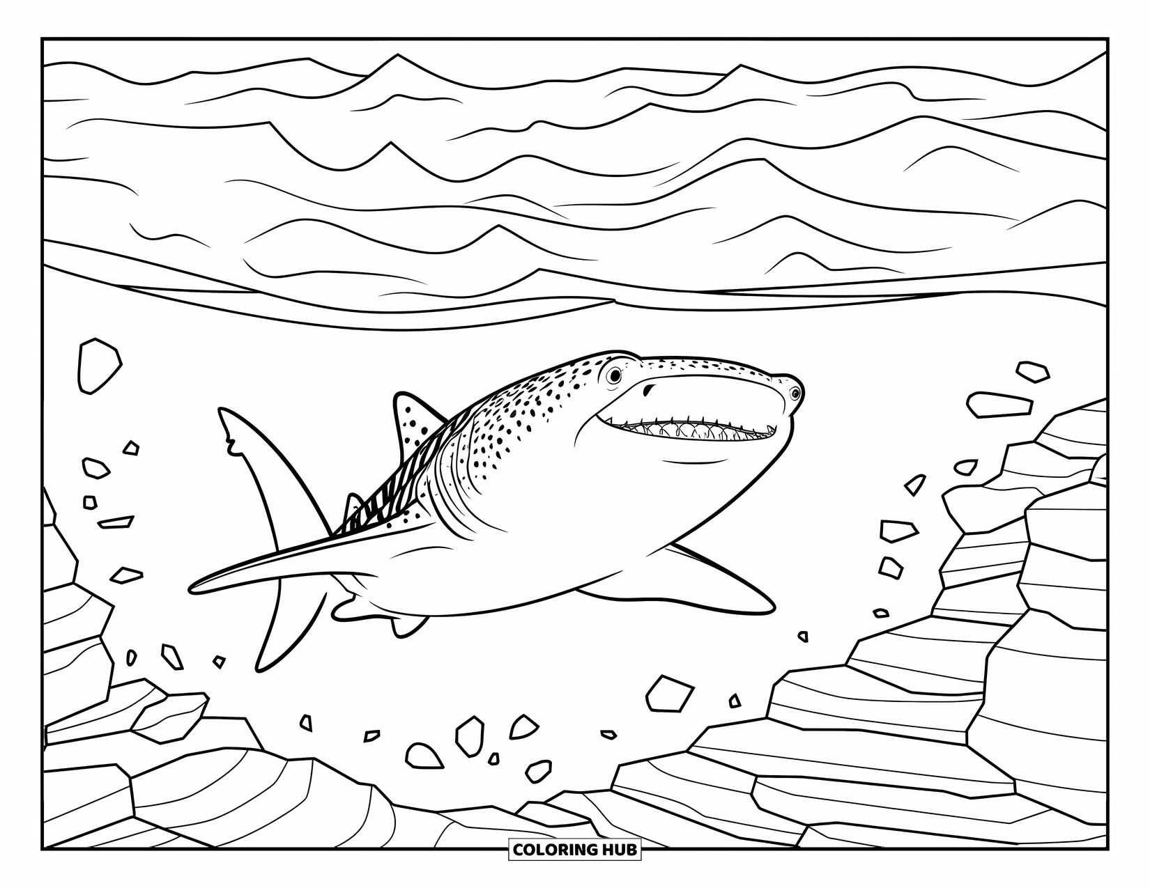Whale Shark Coloring Page for Kids: Whale shark with open mouth swims above rocks and ocean waves