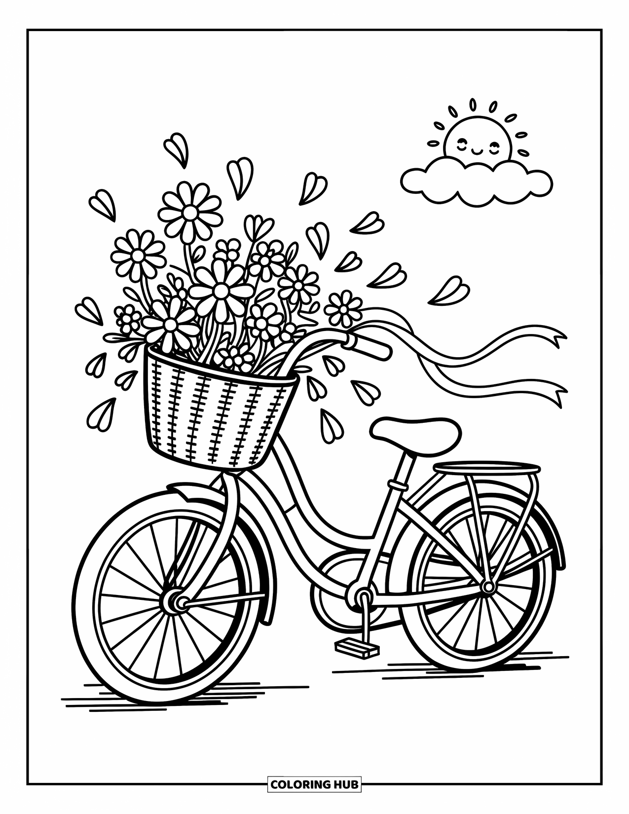 Wildflower Coloring Page for Adults: Bicycle with a flower-filled basket, a smiling sun, and a fluttering ribbon