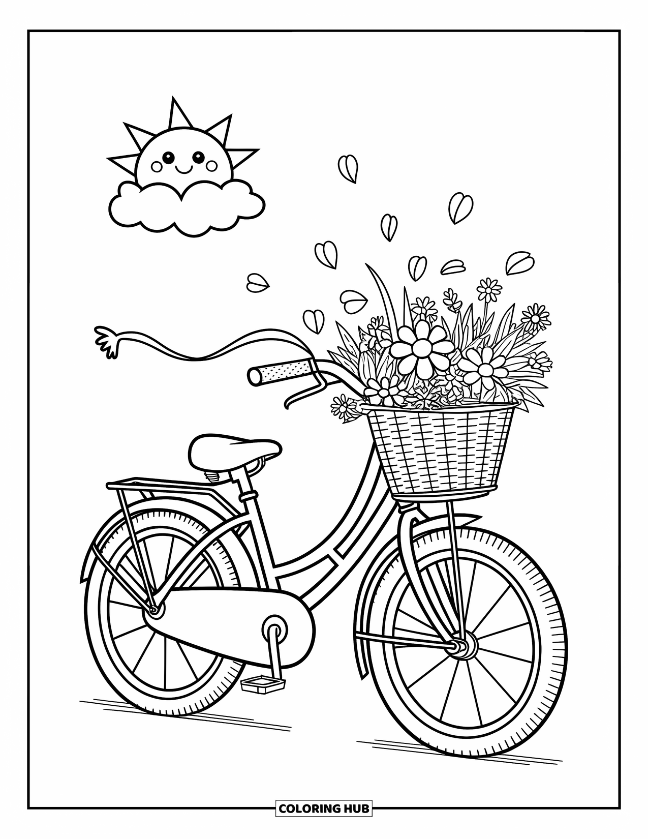 Wildflower Coloring Page for Adults: Bike with flowers in its basket and a ribbon dancing near a smiling sun
