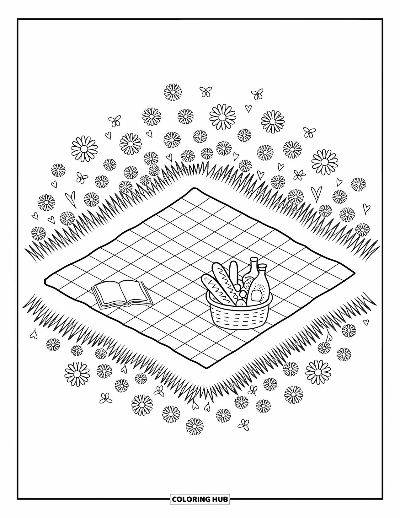 Wildflower Coloring Page for Adults: Blanket with bread, berries, wildflowers, a book, and butterflies in a grassy meadow