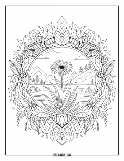 大人向け野の花のぬりえ：山と木を背景にマンダラの中心に咲く野の花