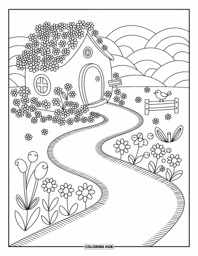 大人向け野の花のぬりえ：野の花が並ぶコテージの小道に遊び心のある鳥と小さな木の看板