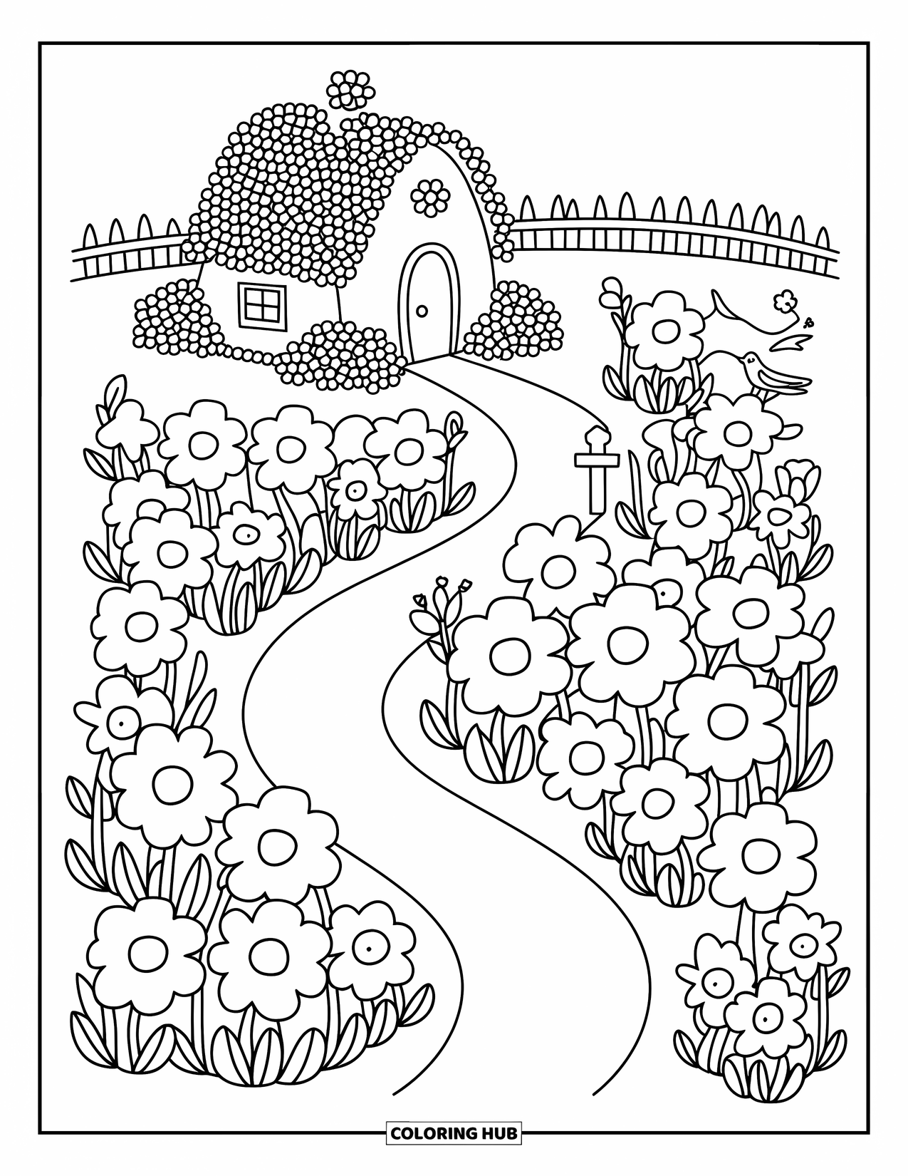 Wildflower Coloring Page for Adults: Cottage with a flower-covered roof and wildflowers along a winding garden path