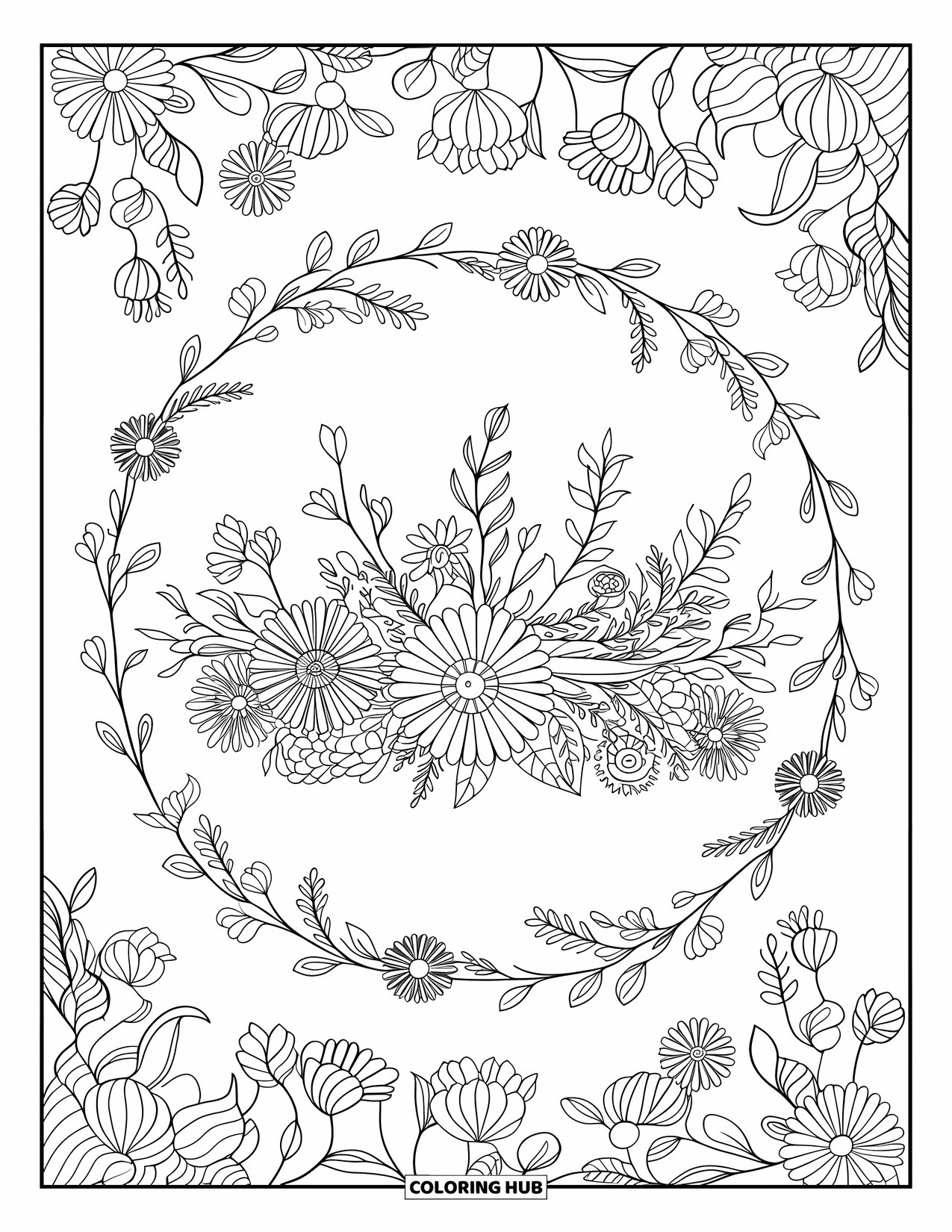 Wildflower Coloring Page for Adults: Crown of roses, daisies, and sunflowers with swirling mandala patterns