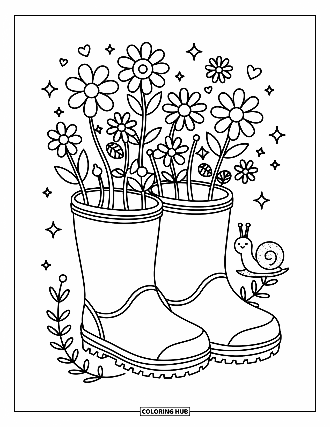 Wildflower Coloring Page for Adults: Cute boots with flowers and a snail, surrounded by hearts and sparkles