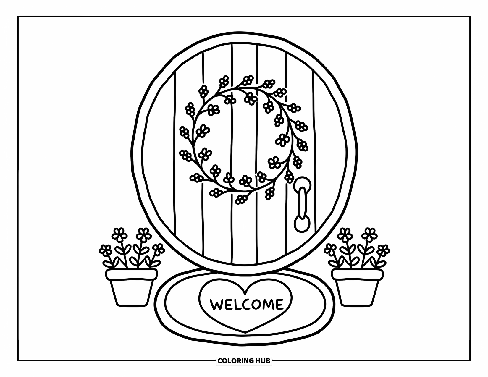 Wildflower Coloring Page for Adults: Cute wooden door with a flower wreath and heart mat between two tiny pots