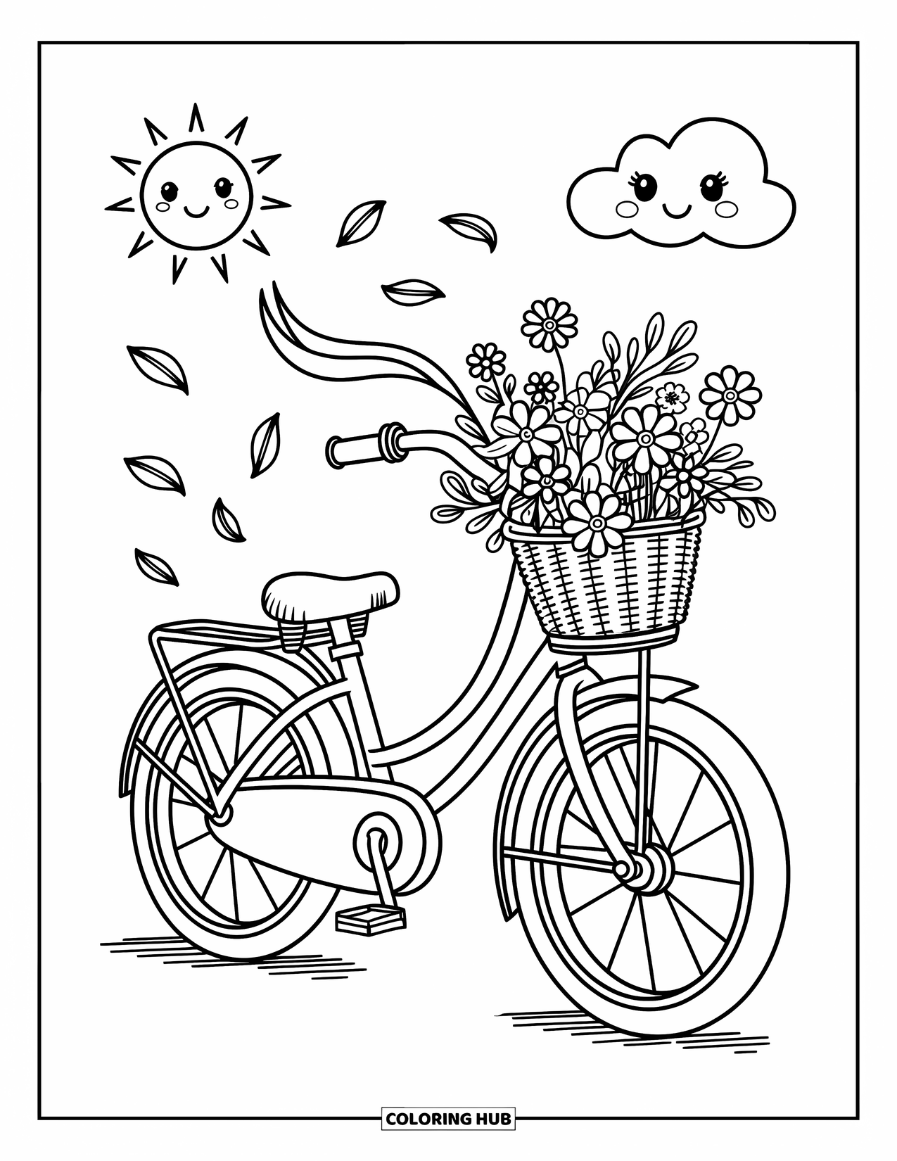 Wildflower Coloring Page for Adults: Flower-filled bicycle with a cheerful sun, soft cloud, and playful ribbon