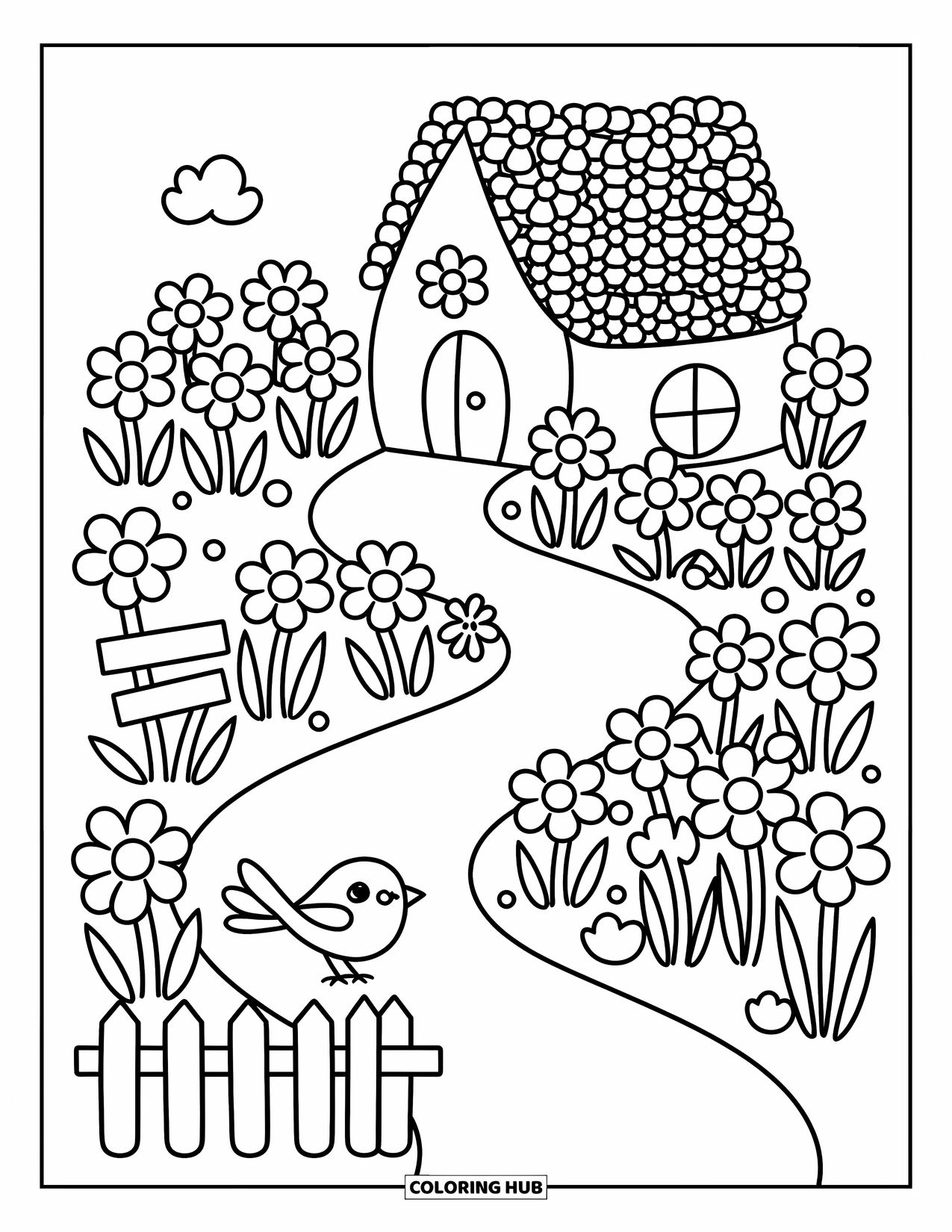 Wildflower Coloring Page for Adults: Flower-roof cottage with a path, tiny sign, bird, and cozy wildflowers