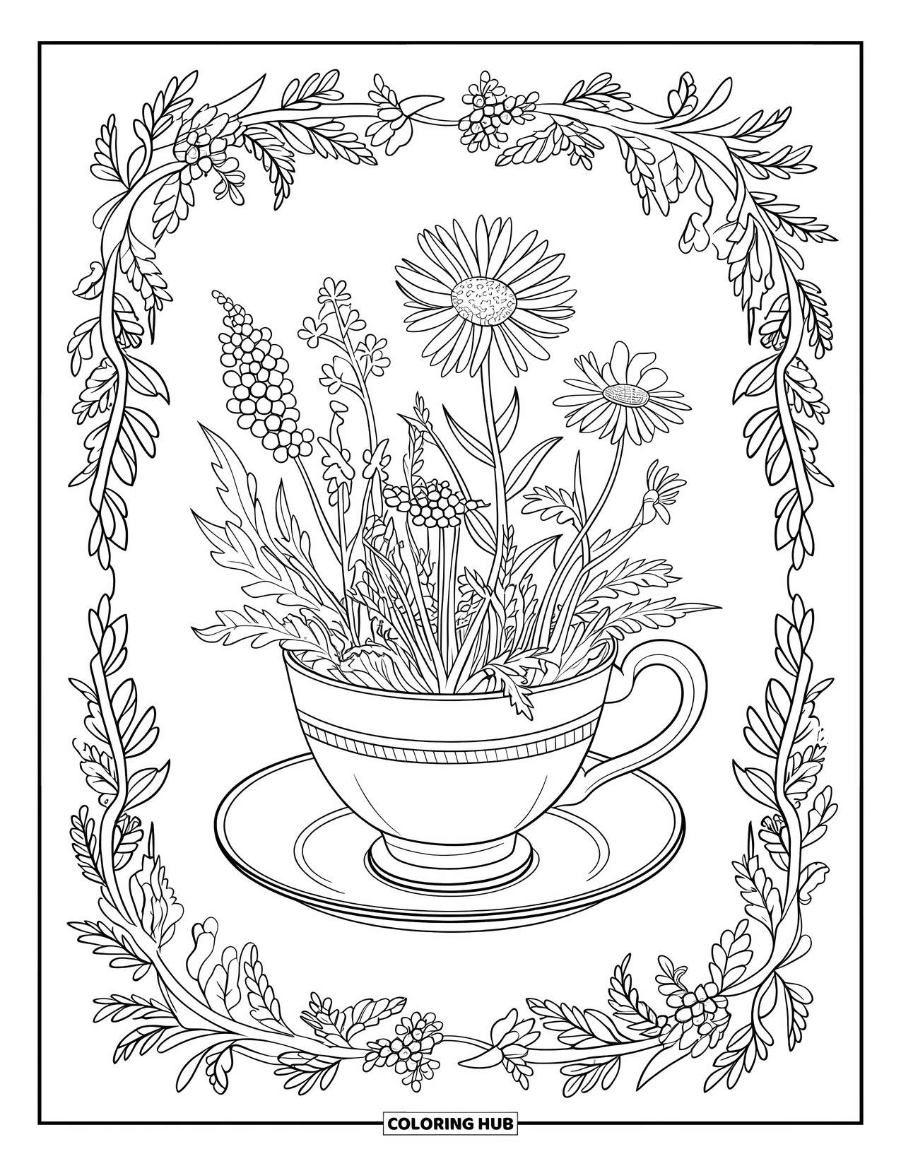 Wildflower Coloring Page for Adults: Flowers grow from a teacup resting on a saucer and framed by plants