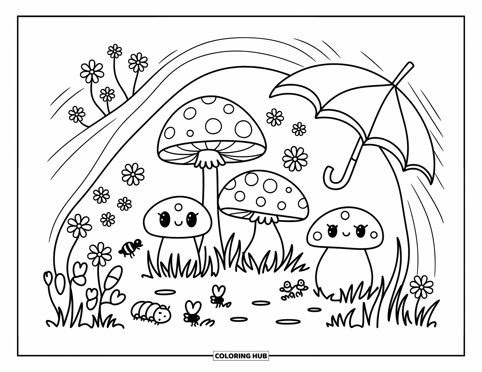 Wildflower Coloring Page for Adults: Mushrooms and wildflowers under a log, with a caterpillar and tiny leaf umbrella nearby