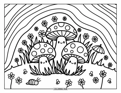 大人向け野の花のぬりえ：居心地よい丸みを帯びた丸太の下で野の花・ミツバチ・毛虫と休むキノコたち