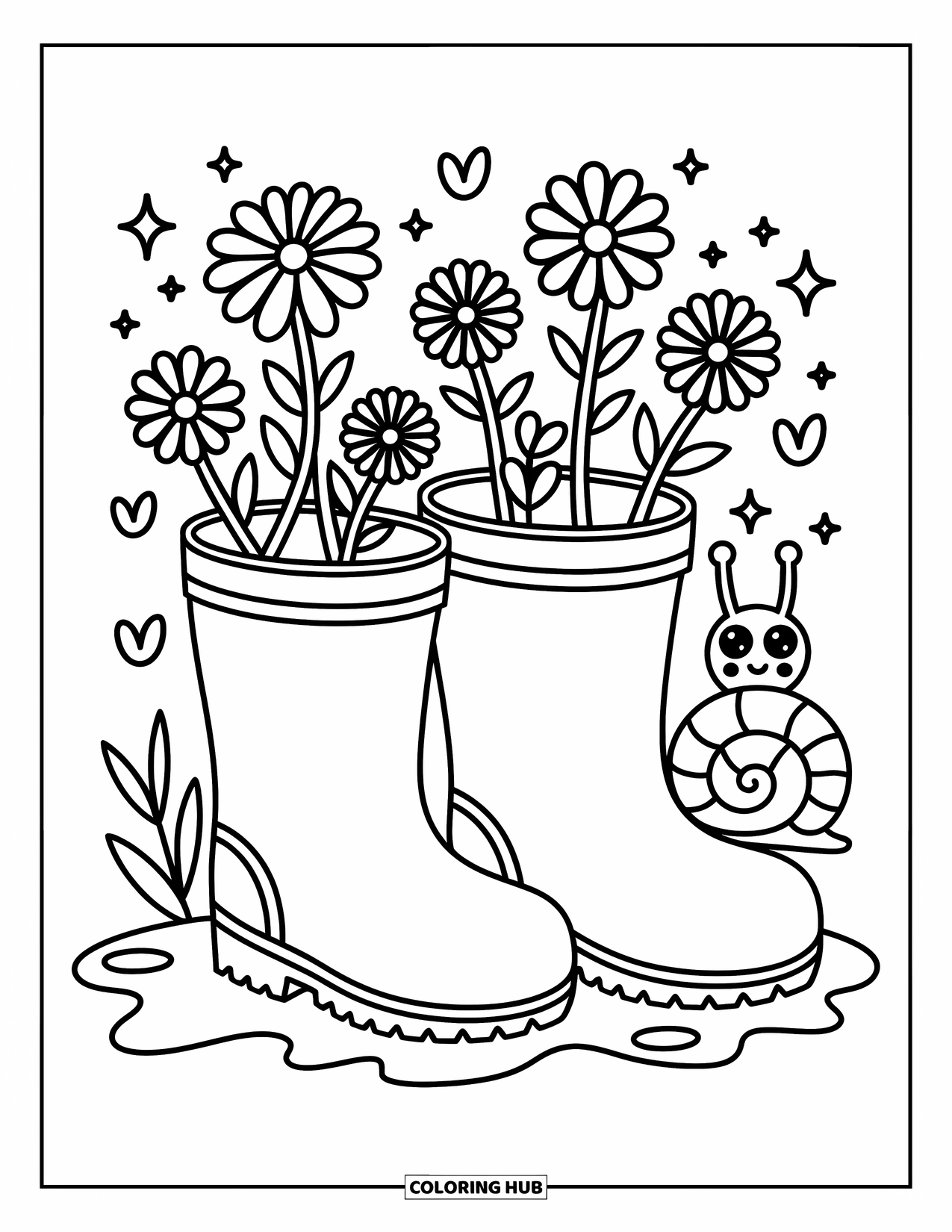 Wildflower Coloring Page for Adults: Oversized rain boots hold fluffy flowers, with hearts, sparkles, and a curious snail