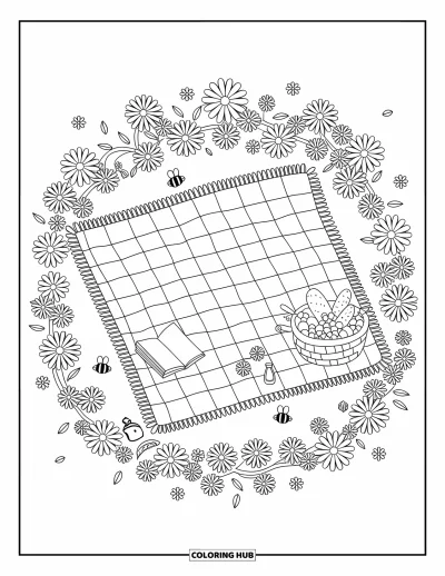 大人向け野の花のぬりえ：柔らかな草の上のピクニック毛布に花・本・バスケット・ひらひら舞うミツバチ