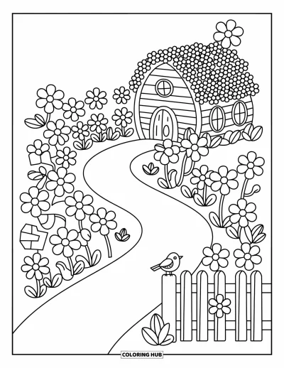 大人向け野の花のぬりえ：曲がりくねった小道・小さな看板・鳥・満開の野の花がある丸みを帯びたコテージ