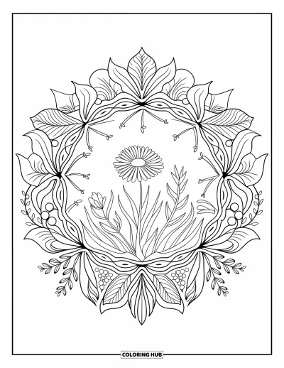 大人向け野の花のぬりえ：葉とつるの円形マンダラの中心にある野の花