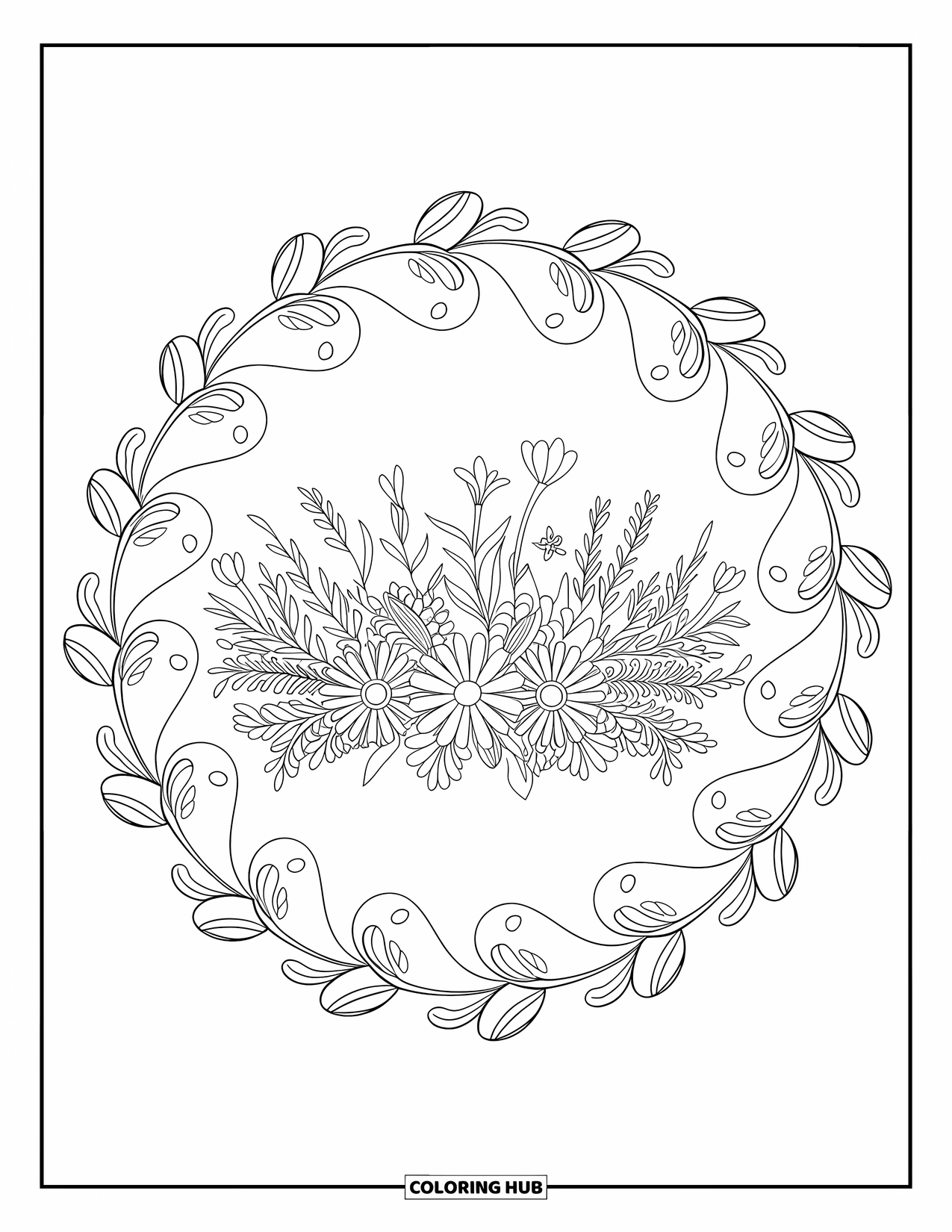 Wildflower Coloring Page for Adults: Wildflower crown surrounded by swirling floral mandala designs