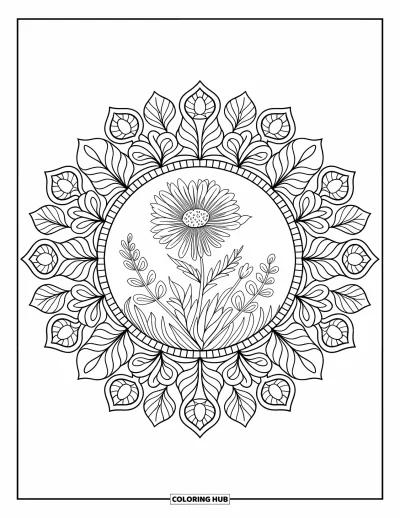 大人向け野の花のぬりえ：葉とつるの精密なマンダラに囲まれた野の花