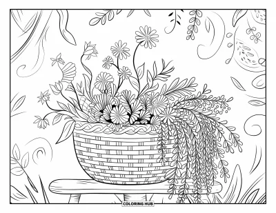 大人向け野の花のぬりえ：渦巻く植物模様に囲まれた編みかごからあふれる野の花