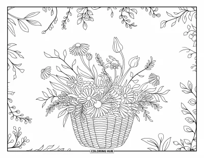 大人向け野の花のぬりえ：渦巻き模様に囲まれた花あふれる編みかご