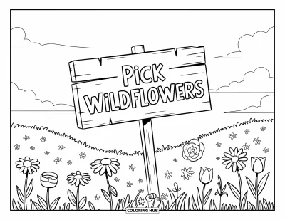 子ども向け野の花のぬりえ：真ん中に「Pick Wildflowers」の看板が立つデイジー・バラ・チューリップの草原