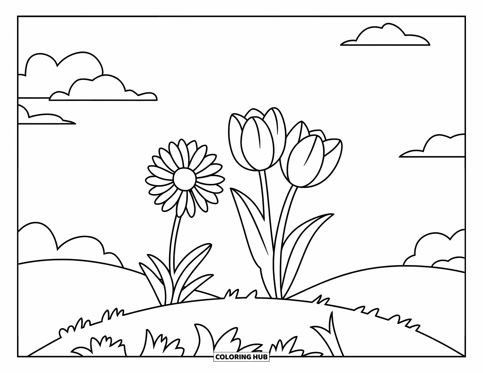 Wildflower Coloring Page for Kids: A wildflower and two tulips stand together on a gentle hill