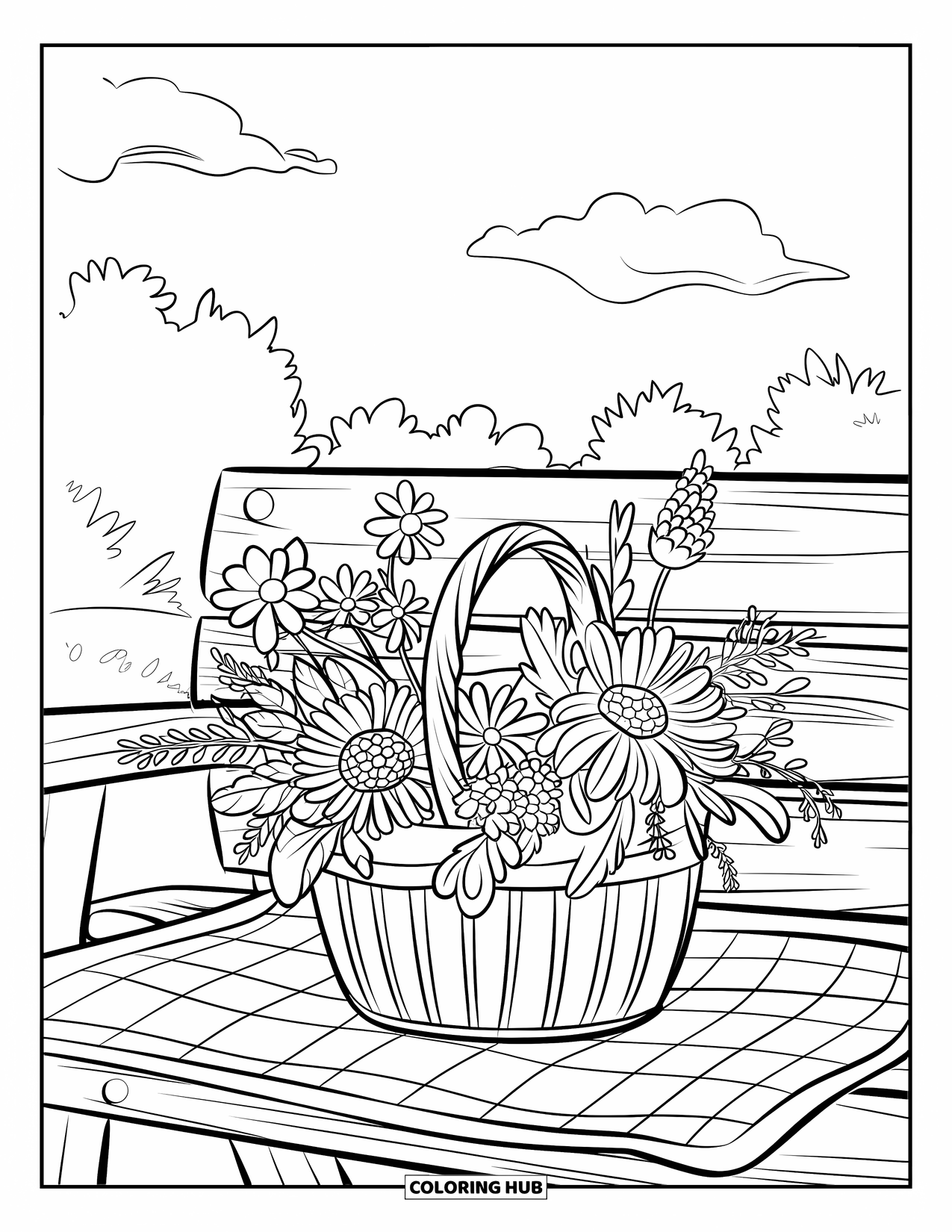 Wildflower Coloring Page for Kids: Basket of wildflowers near a bench under a bright sky