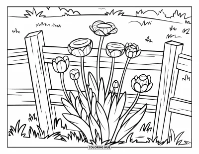 子ども向け野の花のぬりえ：晴れた野原の木の柵からのぞく満開の野の花