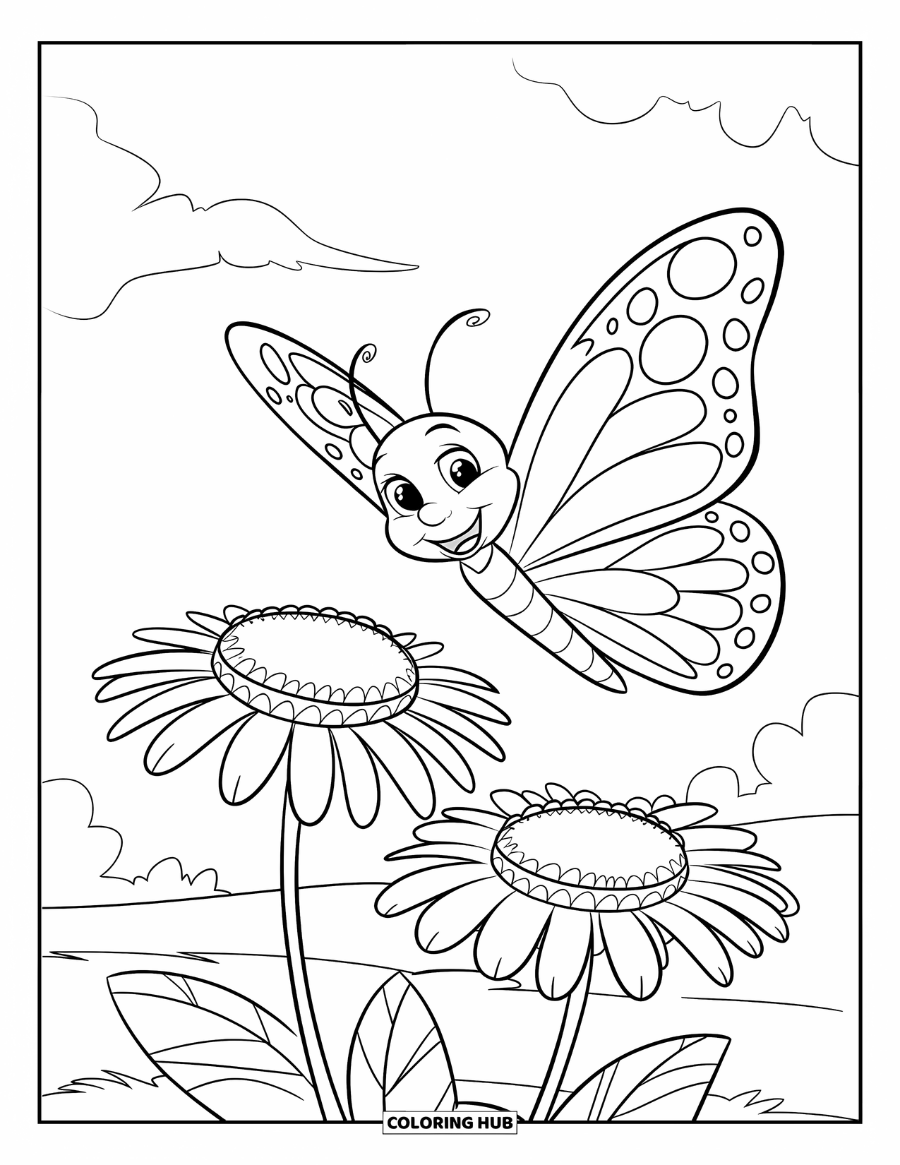 Wildflower Coloring Page for Kids: Butterfly with detailed wings flies above two big flowers and a leaf