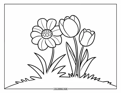 子ども向け野の花のぬりえ：なだらかな丘に立つ元気な野の花とチューリップ2輪