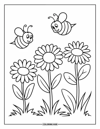 子ども向け野の花のぬりえ：3輪の元気な野の花の上でふっくらしたミツバチが飛んでいる