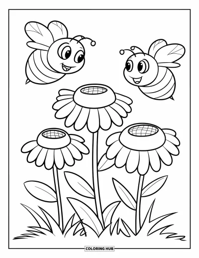 子ども向け野の花のぬりえ：大きな目を持つふっくらしたミツバチが3輪の可愛い野の花の上を飛んでいる
