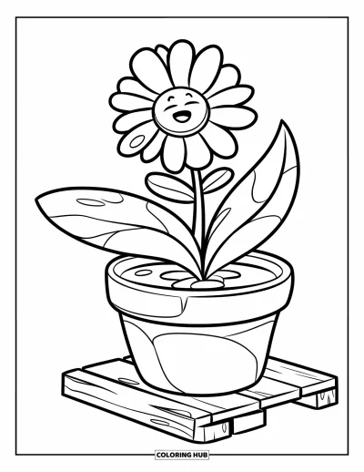 子ども向け野の花のぬりえ：小さな植木鉢で育つ紫の花びらを持つ野の花