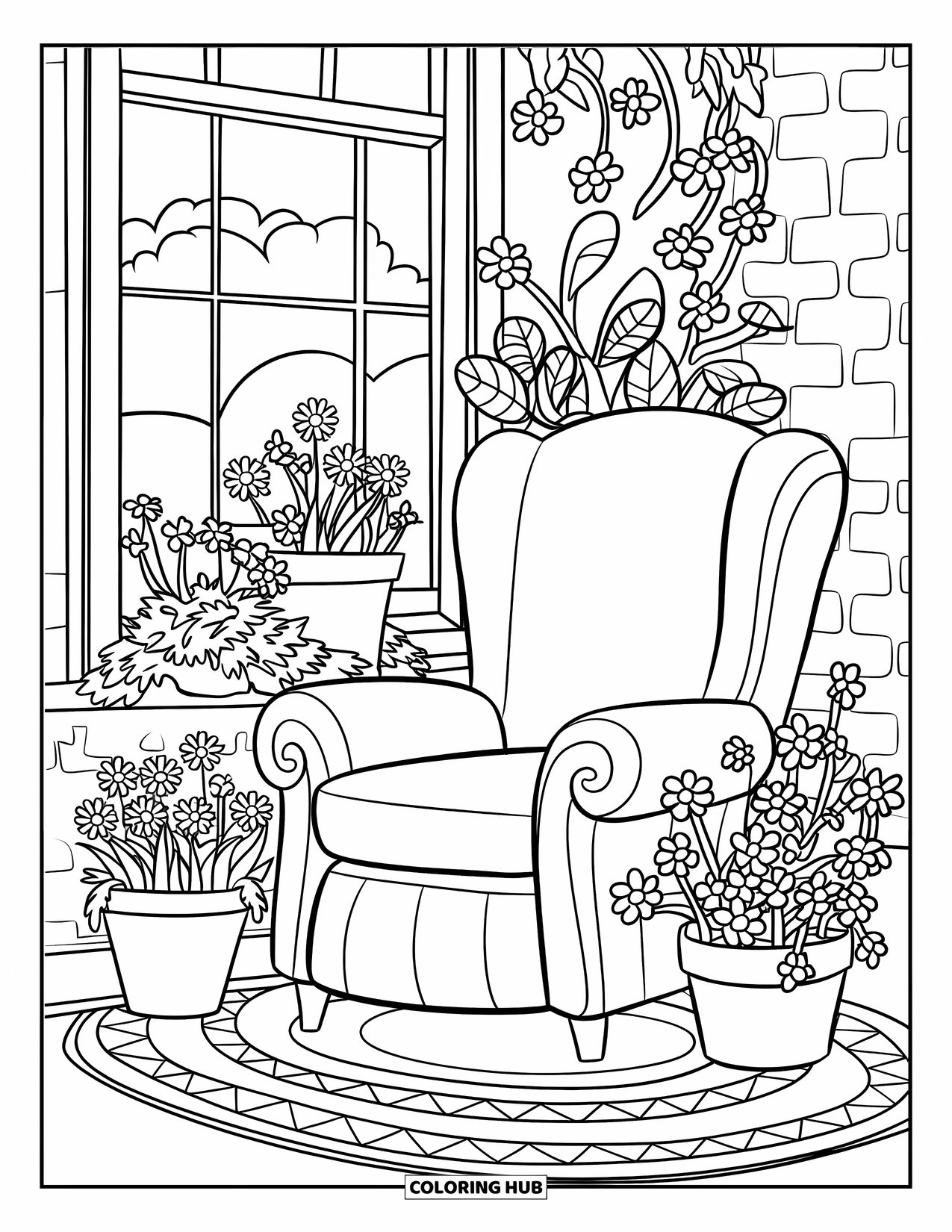 Wildflower Coloring Page for Kids: Patterned rug under a cozy chair near a window with potted flowers and ivy