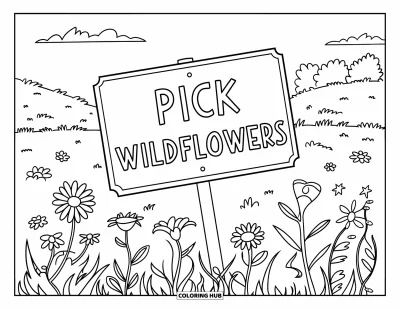 子ども向け野の花のぬりえ：デイジー・バラ・ひまわりに囲まれた穏やかな草原の「Pick Wildflowers」の看板
