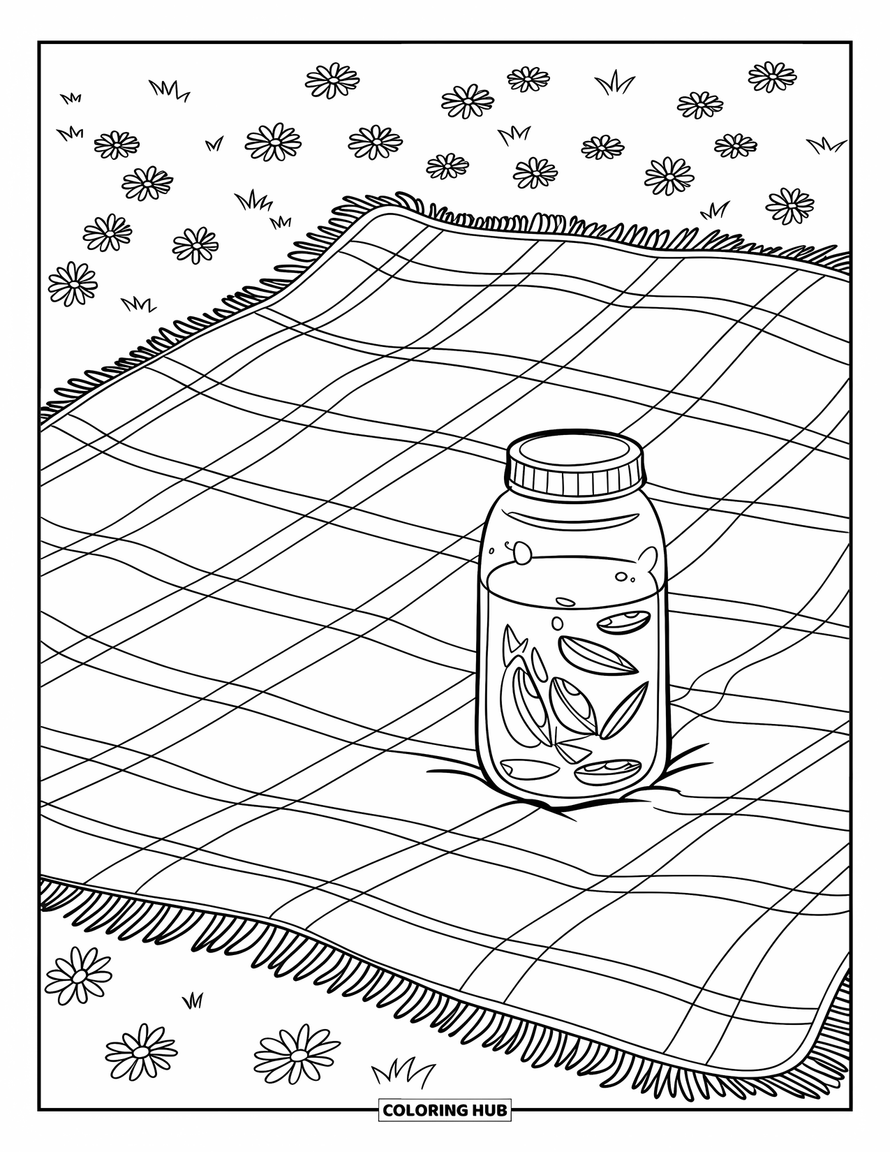 Wildflower Coloring Page for Kids: Picnic blanket with lemonade and scattered wildflowers in a grassy field