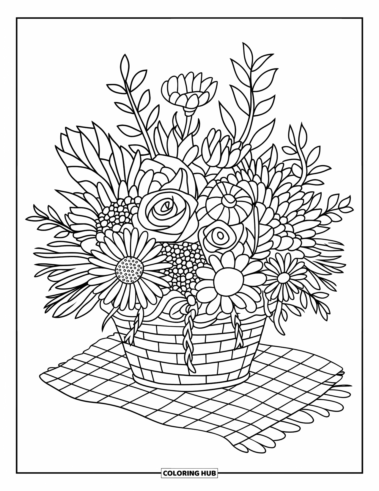 Wildflower Coloring Page for Kids: Roses, daisies, and sunflowers in a basket on a checkered cloth
