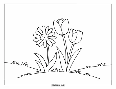 子ども向け野の花のぬりえ：穏やかな丘に咲く野の花とチューリップ