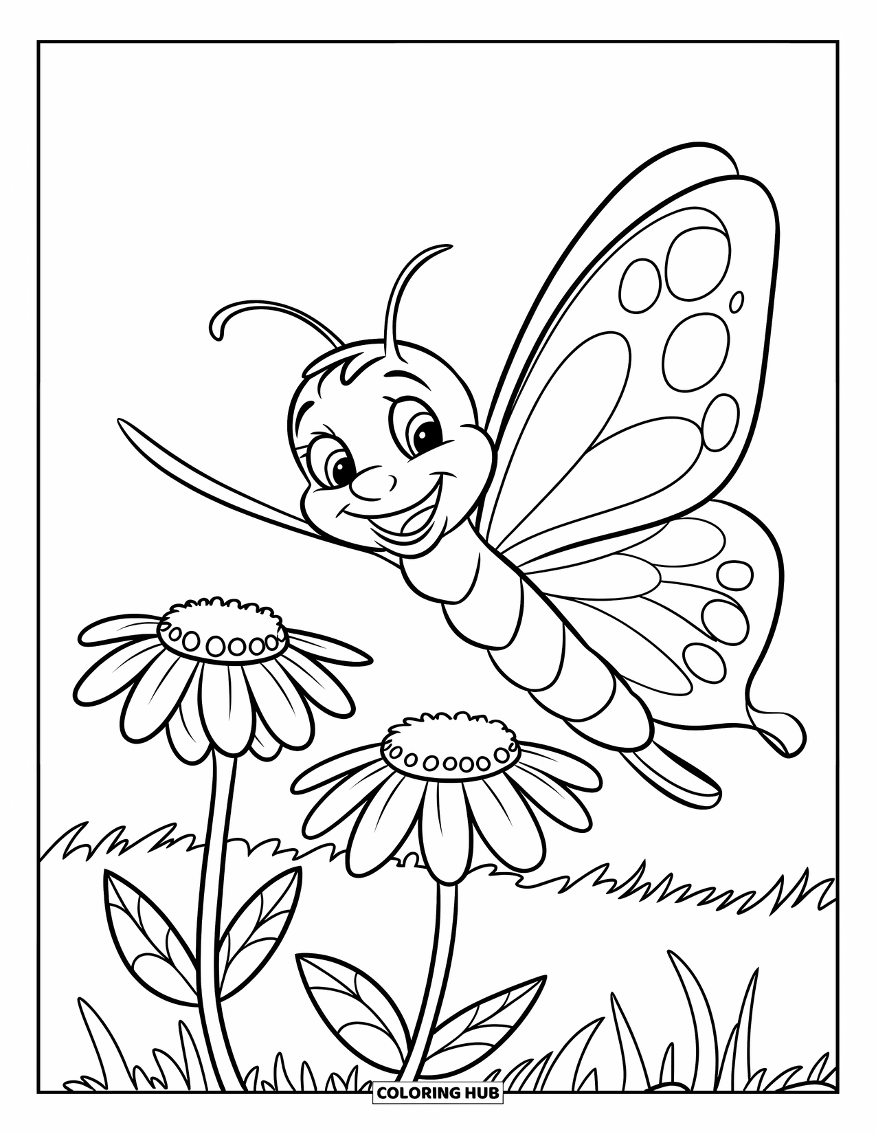 Wildflower Coloring Page for Kids: Smiling butterfly floats above two colorful wildflowers in a field