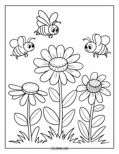 子ども向け野の花のぬりえ：3輪の野の花が並んで咲き、ふっくらしたミツバチが飛んでいる