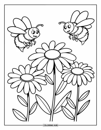 子ども向け野の花のぬりえ：3輪の野の花が並び、丸いミツバチがブンブン飛んでいる