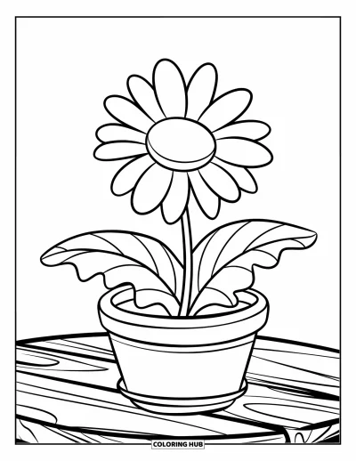 子ども向け野の花のぬりえ：波打つ縁の大きな葉を持つ小さな鉢植えの野の花