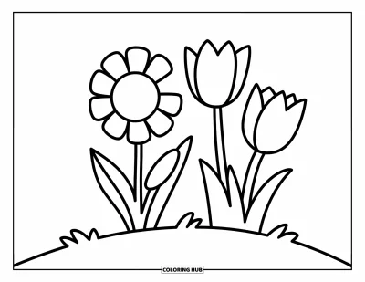 子ども向け野の花のぬりえ：なだらかな丘に並んで育つチューリップ2輪と野の花