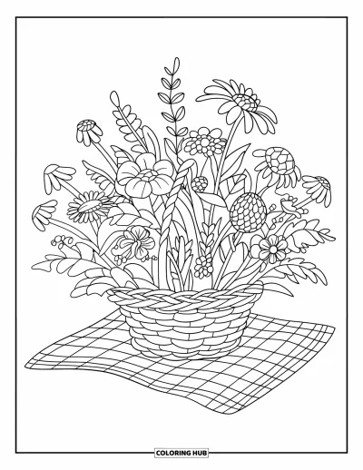 子ども向け野の花のぬりえ：格子柄の布の上に置かれた編みかごに入った野の花の花束
