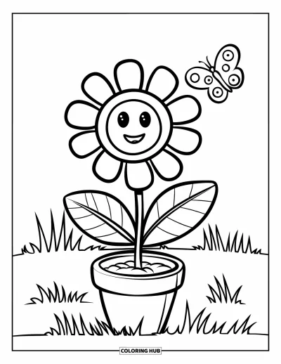 子ども向け野の花のぬりえ：笑顔の野の花が鉢で育ち、隣に蝶がいる