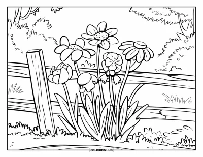子ども向け野の花のぬりえ：古びた柵の後ろで育つ野の花と穏やかな景色