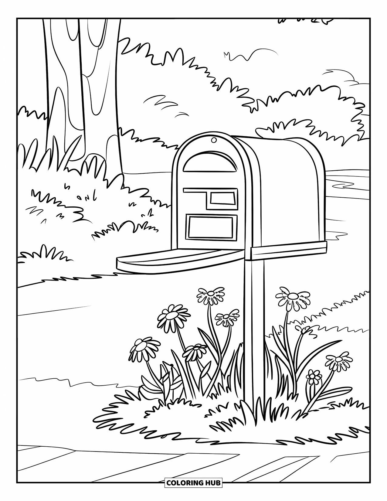 Wildflower Coloring Page for Kids: Wildflowers growing beside a vintage mailbox on a peaceful walking path