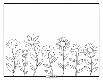 子ども向け野の花のぬりえ：名前と花びらの形のラベルが付いた野の花が整列して咲いている