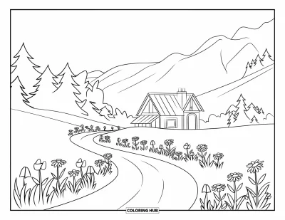 子ども向け野の花のぬりえ：野の花・木・穏やかな山の景色に囲まれた小屋へ続く曲がりくねった小道