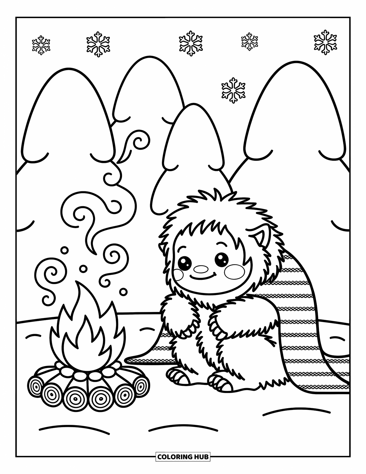 Yeti Coloring Page for Adults: A bundled-up yeti sits by a tiny fire, watching steam swirl from a small pot