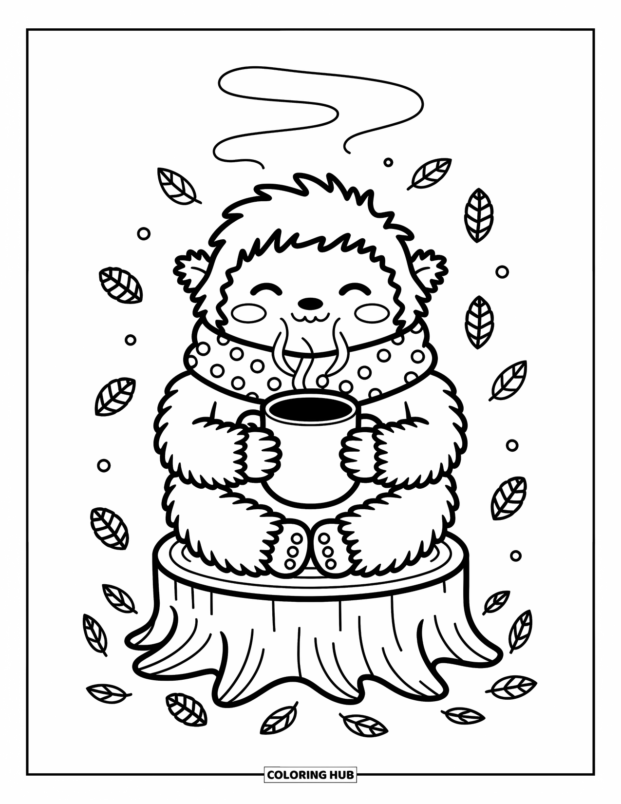 Yeti Coloring Page for Adults: A cozy yeti holds a warm mug on a stump, wrapped in a polka-dot scarf